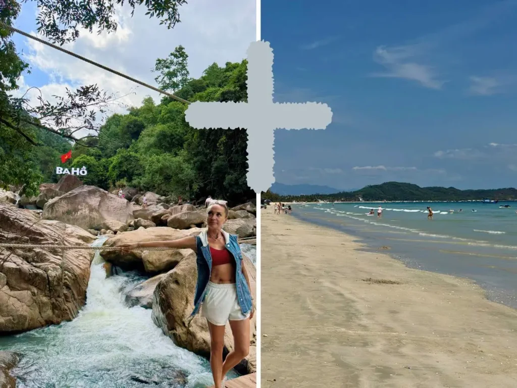Split image showing the rocky trekking path at Ba Ho Waterfalls with the red sign on the left, and the calm white sands of Doc Let Beach on the right, connected by a plus sign to represent a combo day tour in Nha Trang.